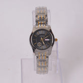 Two Tone Woman's Silver Chain Watch with Black Dial DINUO