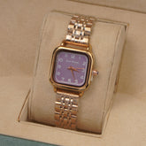 Woman's Rosegold Chain Watch with Purple Dial Square Shape