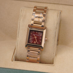 Woman's Rosegold Chain Watch with Maroon Dial Square Shape