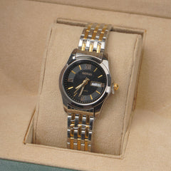Two Tone Woman's Silver Chain Watch with Black Dial DINUO 1