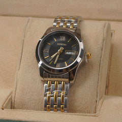 Two Tone Woman's Silver Chain Watch with Black Dial DINUO 1