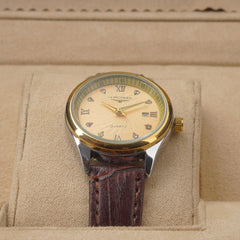Woman Silver-Golden Dial Watch with Brown Straps