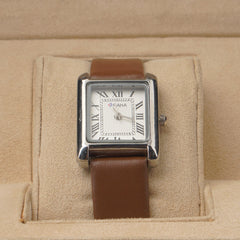Woman Silver Watch with Brown Staps Square Shape