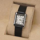 Woman Silver Watch with Black Staps Square Shape