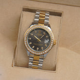 Two Tone Womans Silver Chain Wrist Watch With Black Dial