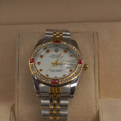 Two Tone Silver Chain Womans Watch Red