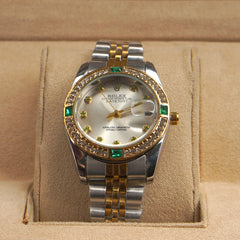 Two Tone Silver Chain Womans Watch Green
