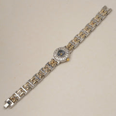 Two Tone Woman's Silver Chain Watch with Black dial