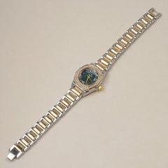 Two Tone Woman's Silver Chain Watch with Green dial