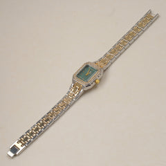 Two Tone Woman's Silver Chain Watch with green dial Arabic No