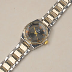 Two Tone Woman's Silver Chain Watch with Black dial