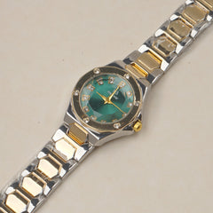 Two Tone Woman's Silver Chain Watch with Green dial