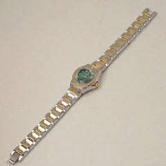Two Tone Woman's Silver Chain Watch with Green dial