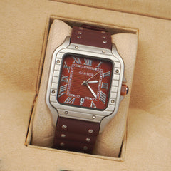 Men cart-ier 148 sqaure case Silver Brown watch
