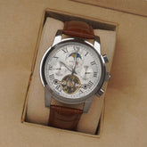 AILANG AL-8508 Men's Business Automatic Mechanical Watch Brown Strap Silver Dial