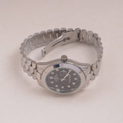 Mens Silver Chain Wrist Watch Black Dial R