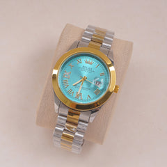 Two Tone Mens Silver Chain Wrist Watch Cyan Dial Relax