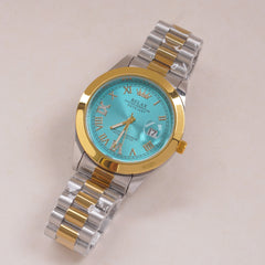 Two Tone Mens Silver Chain Wrist Watch Cyan Dial Relax