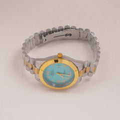 Two Tone Mens Silver Chain Wrist Watch Cyan Dial Relax