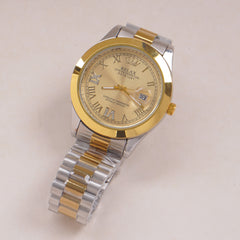 Two Tone Mens Silver Chain Wrist Watch Golden Dial Relax