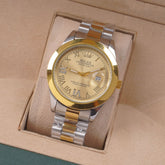Two Tone Mens Silver Chain Wrist Watch Golden Dial Relax