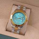 Two Tone Mens Silver Chain Wrist Watch Cyan Dial Relax