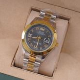 Two Tone Mens Silver Chain Wrist Watch Black Dial Relax