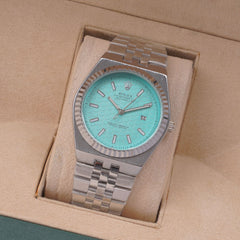 Mens Silver Chain Wrist Watch Cyan Dial R