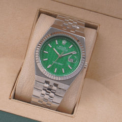 Mens Silver Chain Wrist Watch Green Dial R