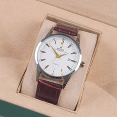 Man's Wrist Watch Silver White Dial with Brown Straps