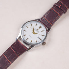 Man's Wrist Watch Silver White Dial with Brown Straps