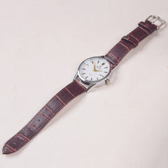 Man's Wrist Watch Silver White Dial with Brown Straps