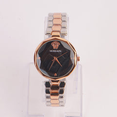 Two Tone Womens Chain Watch Silver with Black Dial