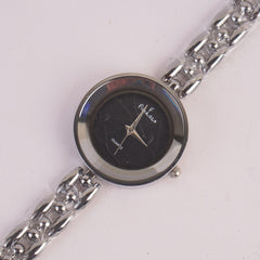 Women Silver Chain Watch With Black Dial