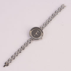 Women Silver Chain Watch With Black Dial
