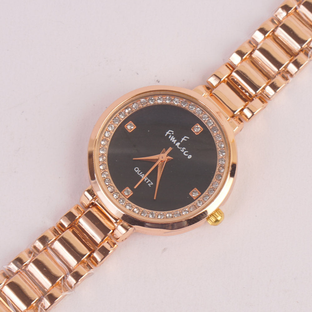 Women Rosegold Chain Watch With Black Dial