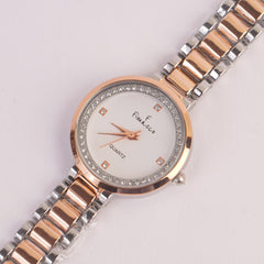 Two Tone Women Rosegold Chain Watch With White Dial