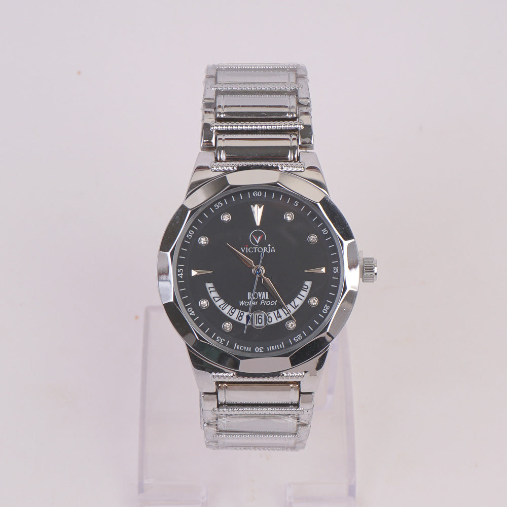 Silver Chain Wrist Watch With Black Dial