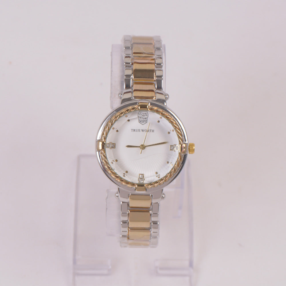 Two Tone Women Chain Watch Golden with White Dial