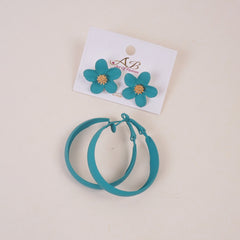Woman's Casual Earring 4Pcs Set Flower Design Sea Green