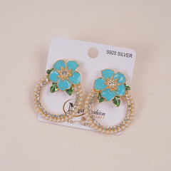 Woman's Flower Design Earring Cyan