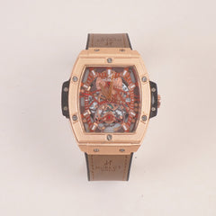 Brown Strap Rosegold Dial Men's Wrist Watch HB