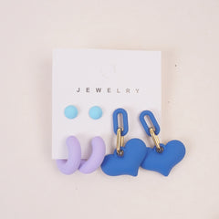 Woman's Flower Design Earring Heart Shape 6pcs Set Blue