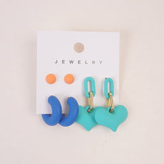 Woman's Flower Design Earring Heart Shape 6pcs Set Cyan