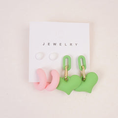 Woman's Flower Design Earring Heart Shape 6pcs Set Green