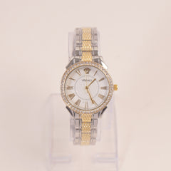 Two Tone Women Stone Design Chain Wrist Watch Golden