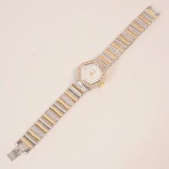 Two Tone Women Stone Design Chain Wrist Watch White