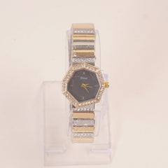 Two Tone Women Stone Design Chain Wrist Watch Black