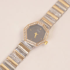 Two Tone Women Stone Design Chain Wrist Watch Black