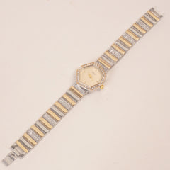 Two Tone Women Stone Design Chain Wrist Watch Golden